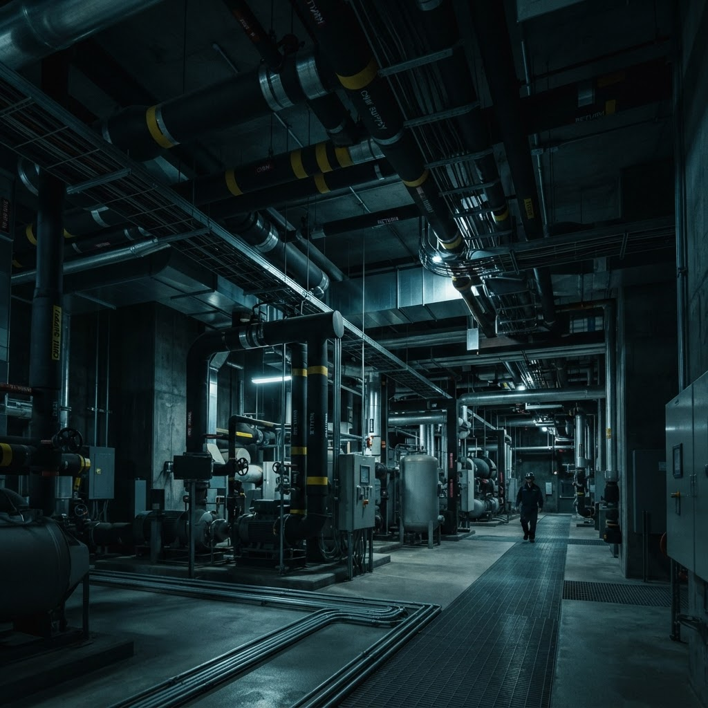 Overhead piping and ductwork inside a large mechanical room